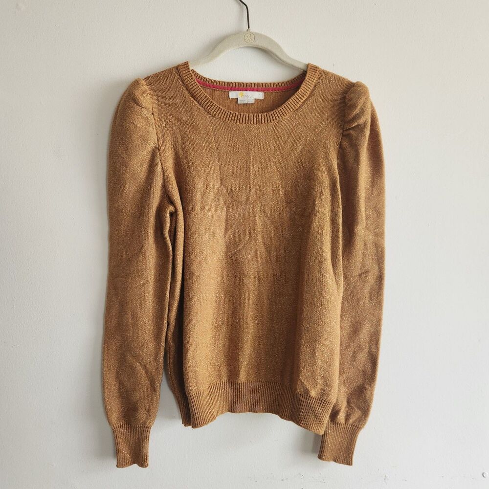Boden Metallic Wool Blend Puff Sleeve Mustard Size 6 Crewneck Sweater Holiday